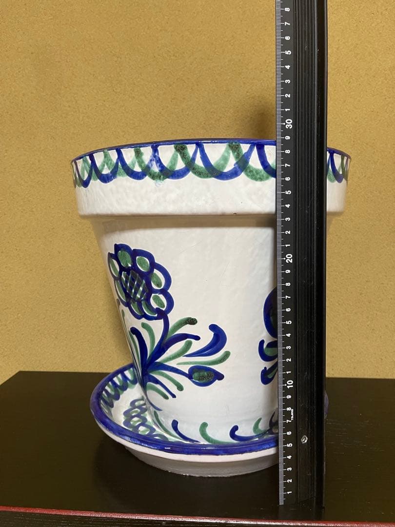 大きい プランター 鉢 陶器 花柄 スペイン 受け皿付 白 洋風 北欧 未使用