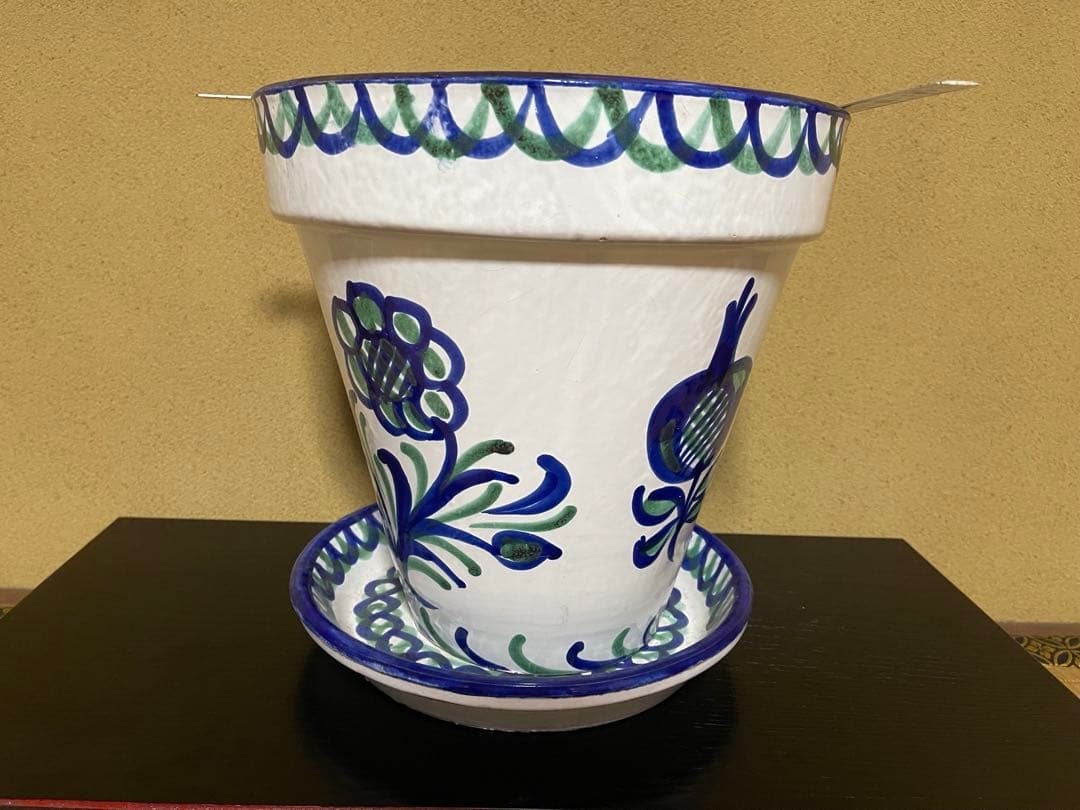 大きい プランター 鉢 陶器 花柄 スペイン 受け皿付 白 洋風 北欧 未使用