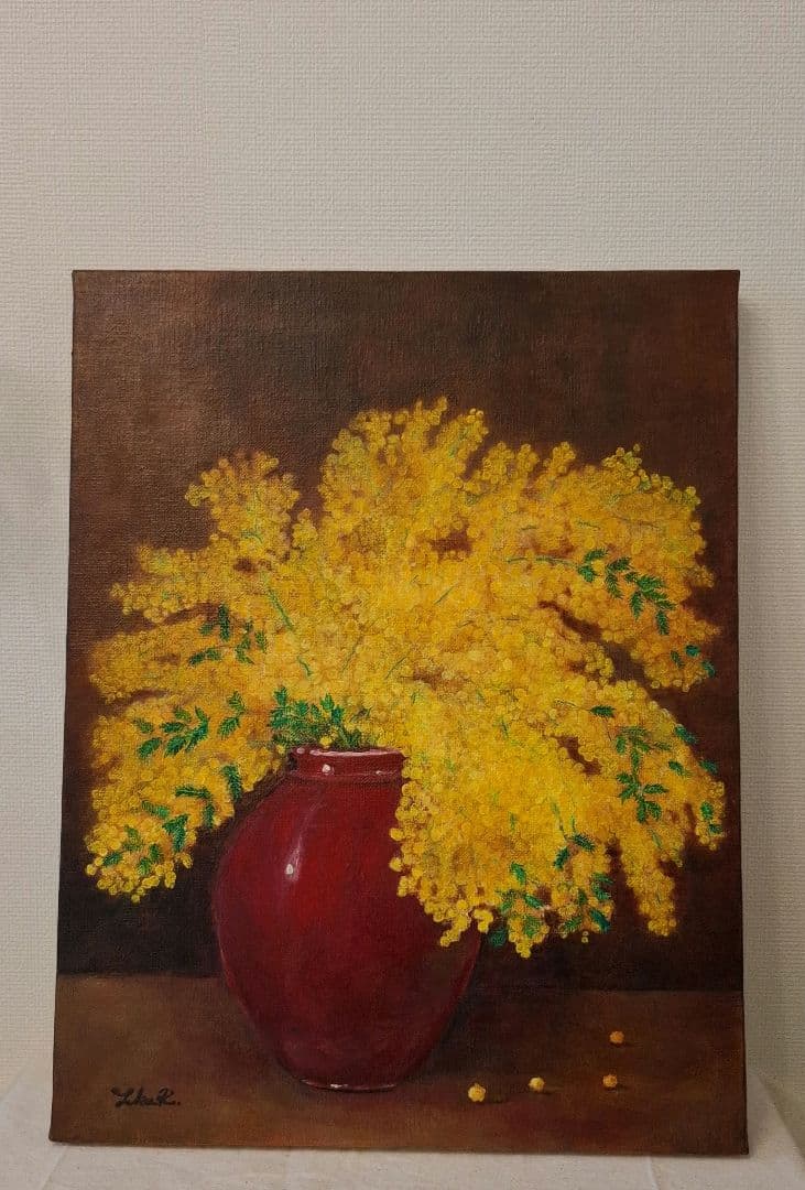 アクリル絵の具で描いた『赤い花瓶に入ったミモザ』Ｆ６号キャンバス　 原画 F