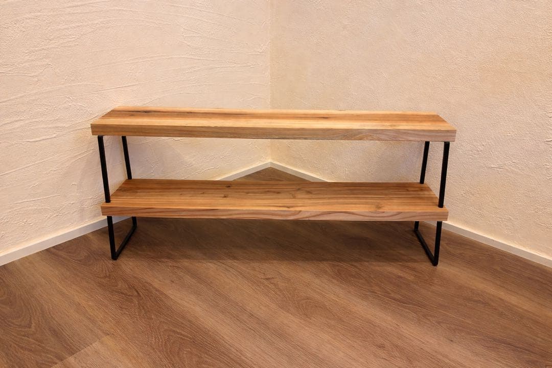 二段シェルフ 杉無垢 飾り棚 幅80cm +80cmウォルナット×アイアン脚