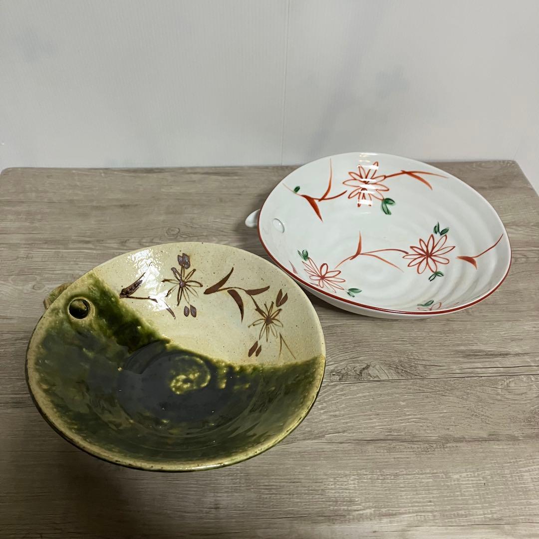 D-5 【美品】和食器 煮物鉢・大鉢 2点セット（織部焼風＆ たち吉赤絵）箱付き