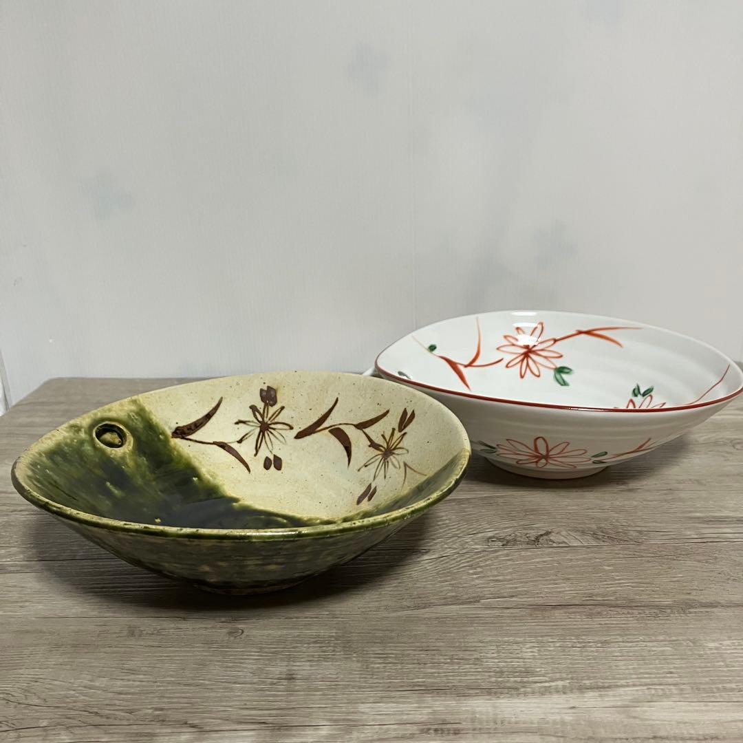 D-5 【美品】和食器 煮物鉢・大鉢 2点セット（織部焼風＆ たち吉赤絵）箱付き