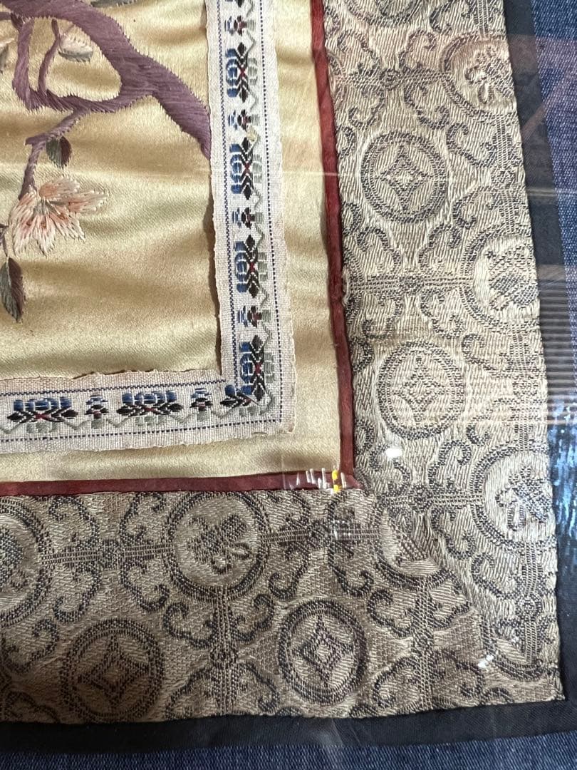 中国刺繍　五彩籽繍　中国時代物　古刺繍　古布額　骨董