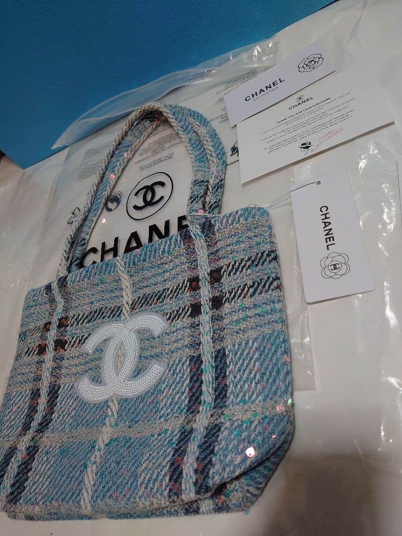 CHANEL　シャネル　 ツイードスパンコール ノベルティトートバッグ　水色