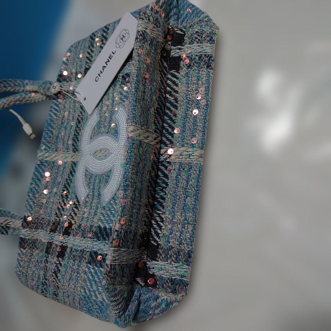 CHANEL　シャネル　 ツイードスパンコール ノベルティトートバッグ　水色