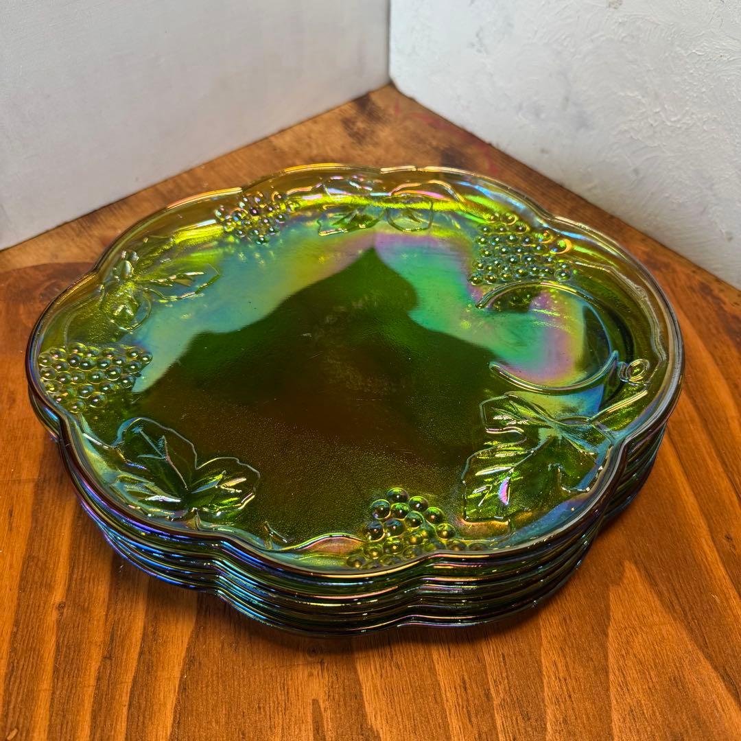 【希少レア】インディアナグラス♡グリーン♡葡萄プレート4枚セット♡クリスマスにも