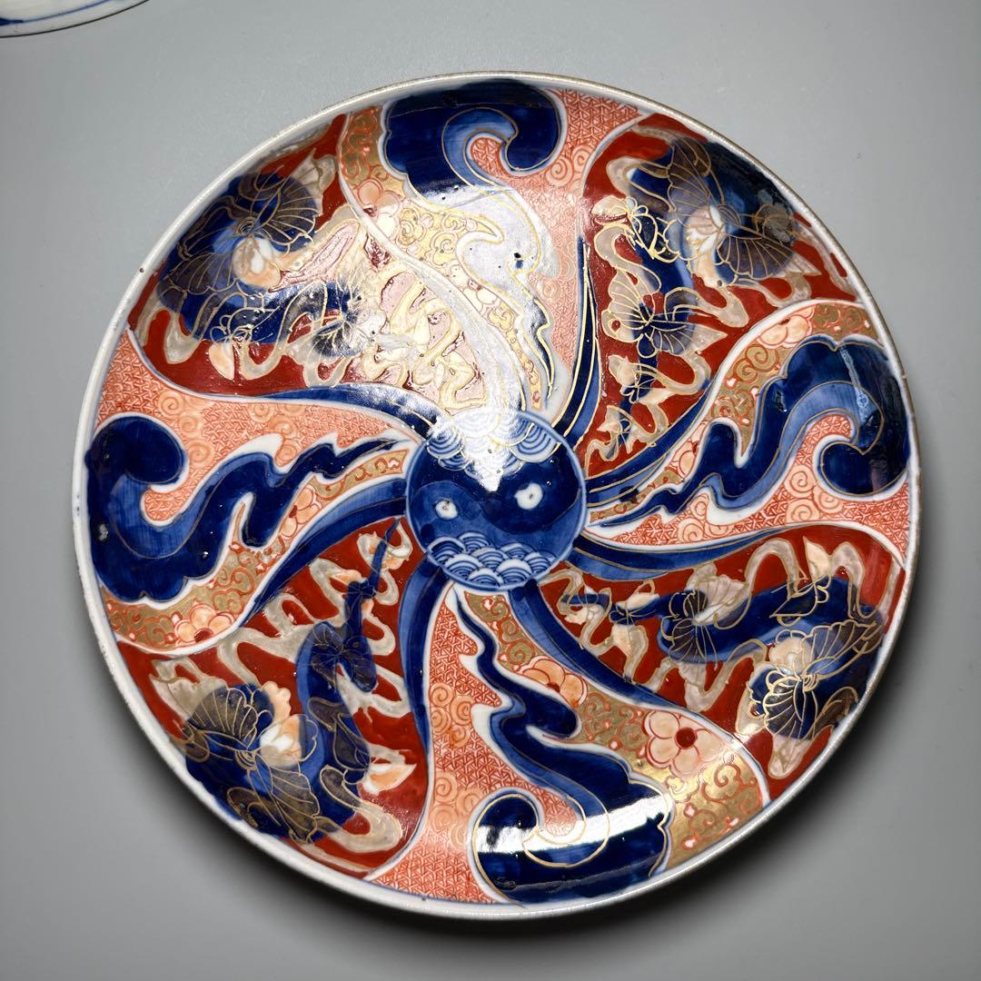 江戸後期　古伊万里　色絵祥瑞蝶文様七寸皿　五枚　直径22cm　陰陽印　青海波