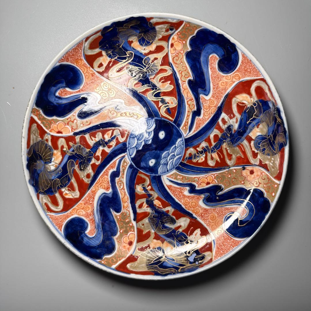 江戸後期　古伊万里　色絵祥瑞蝶文様七寸皿　五枚　直径22cm　陰陽印　青海波