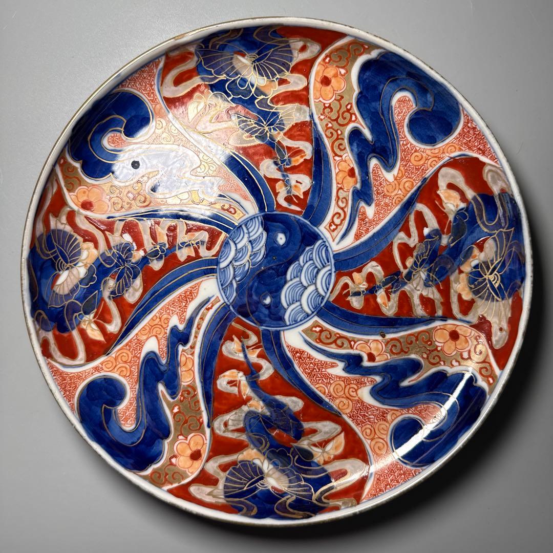 江戸後期　古伊万里　色絵祥瑞蝶文様七寸皿　五枚　直径22cm　陰陽印　青海波