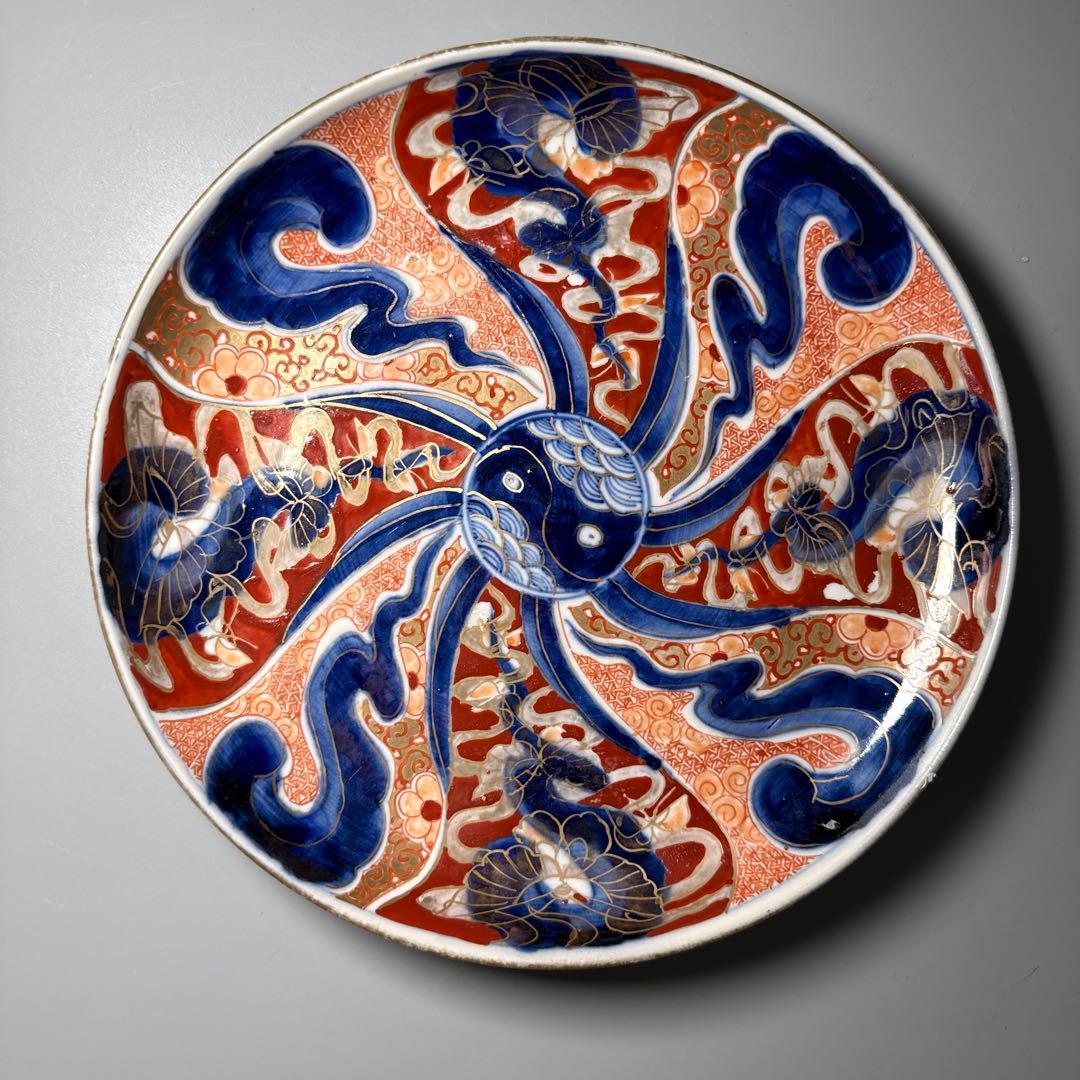 江戸後期　古伊万里　色絵祥瑞蝶文様七寸皿　五枚　直径22cm　陰陽印　青海波