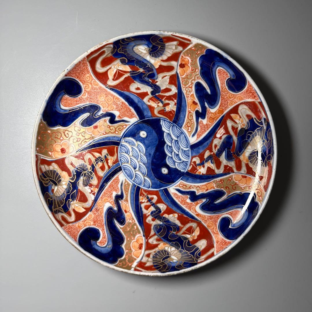 江戸後期　古伊万里　色絵祥瑞蝶文様七寸皿　五枚　直径22cm　陰陽印　青海波