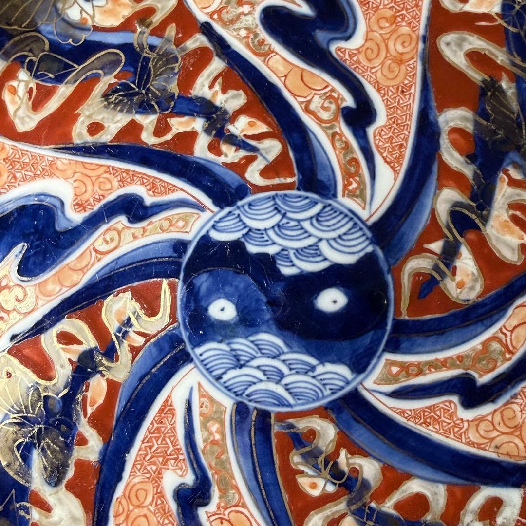 江戸後期　古伊万里　色絵祥瑞蝶文様七寸皿　五枚　直径22cm　陰陽印　青海波