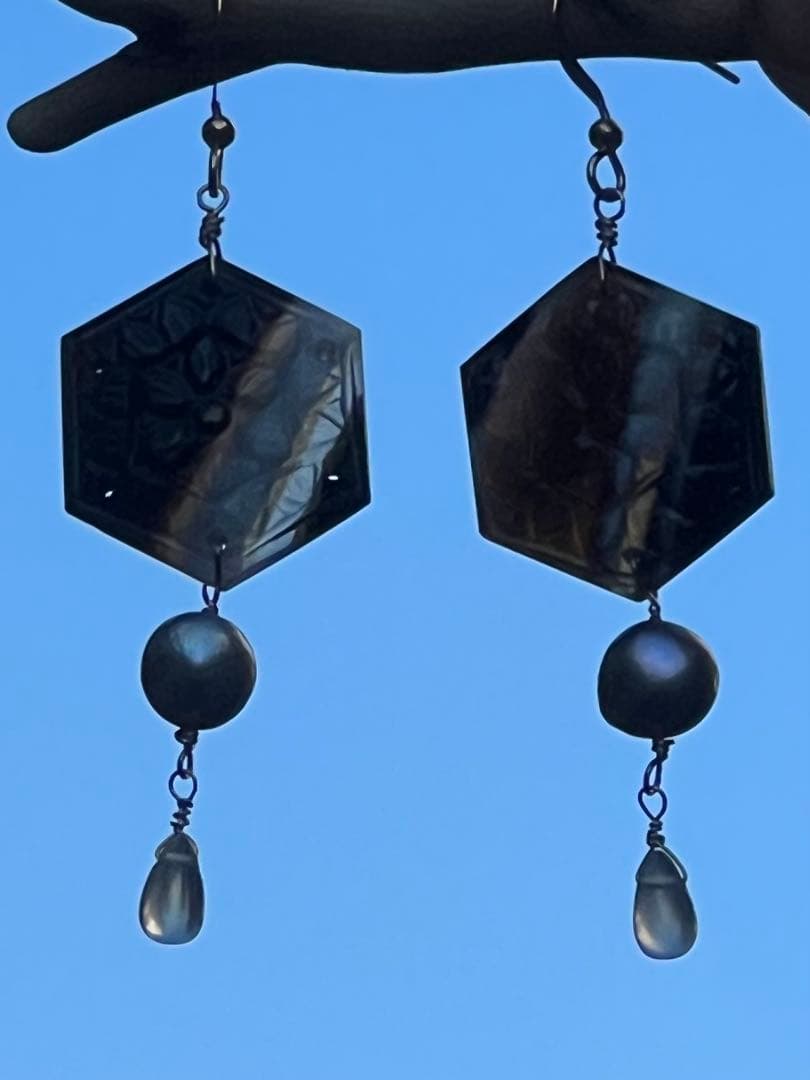 バンデットアゲート　カービング　淡水パール　ブルームーン　14kgf ピアス