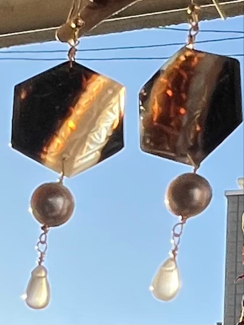 バンデットアゲート　カービング　淡水パール　ブルームーン　14kgf ピアス