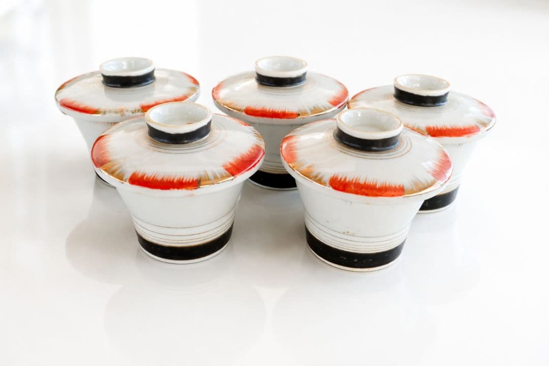●有田焼 赤絵金彩 煎茶碗 五客揃 昭和期 茶器セット 骨董 美品