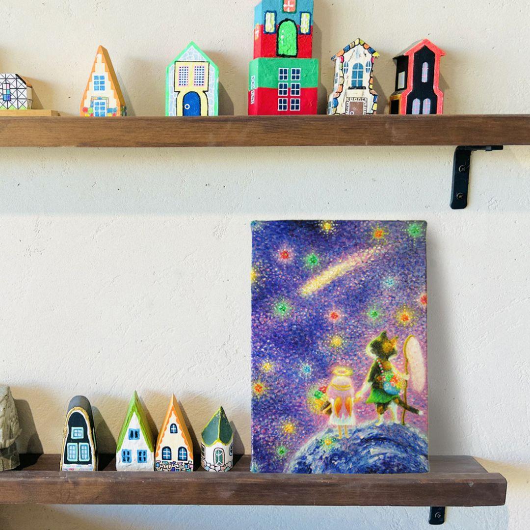 [匿名で配送] 一点もの ネコ 天使 星 宇宙 油絵 油彩 絵