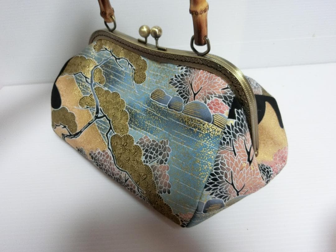 ハンドメイド バンブー 持ち手 がま口 ハンドバッグ 着物地