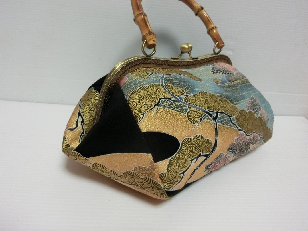ハンドメイド バンブー 持ち手 がま口 ハンドバッグ 着物地