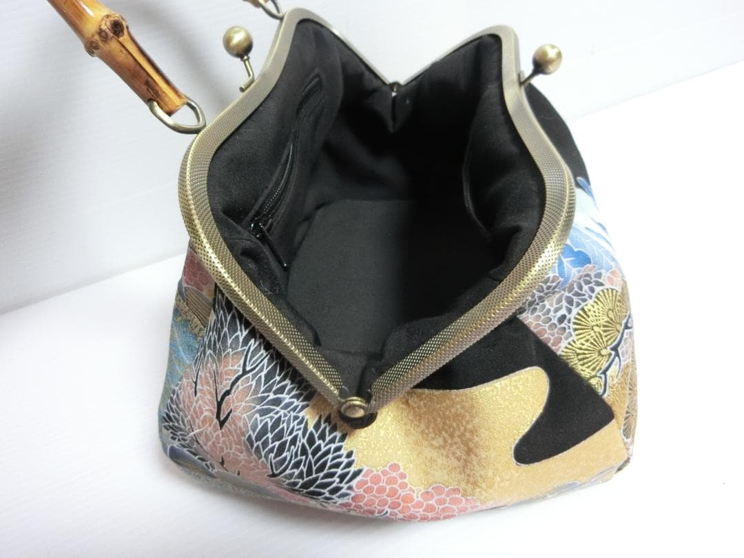 ハンドメイド バンブー 持ち手 がま口 ハンドバッグ 着物地