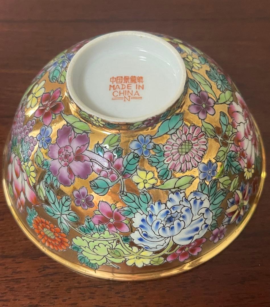 中国景德鎮60～70年代輸出品.金地百花牡丹柄お碗5個セット。希少美品。蔵品。