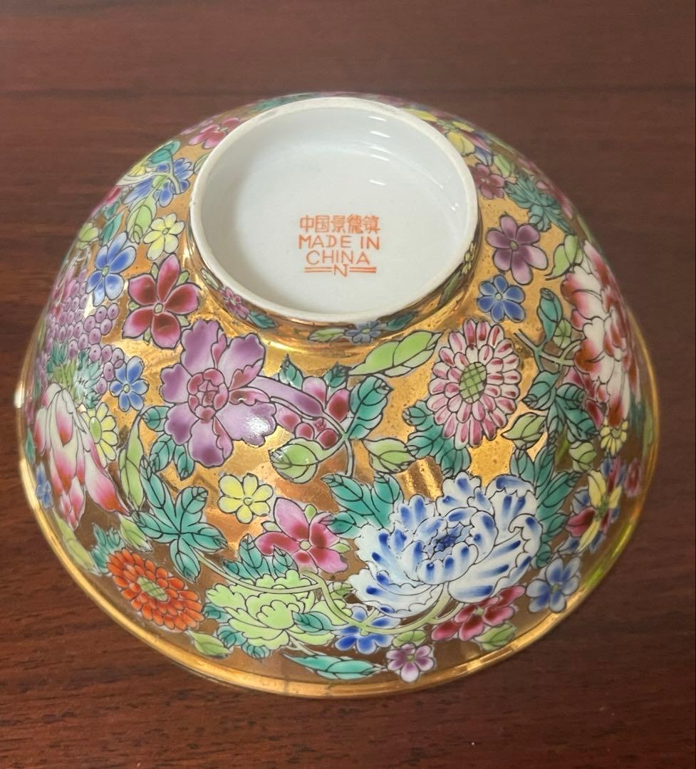 中国景德鎮60～70年代輸出品.金地百花牡丹柄お碗5個セット。希少美品。蔵品。