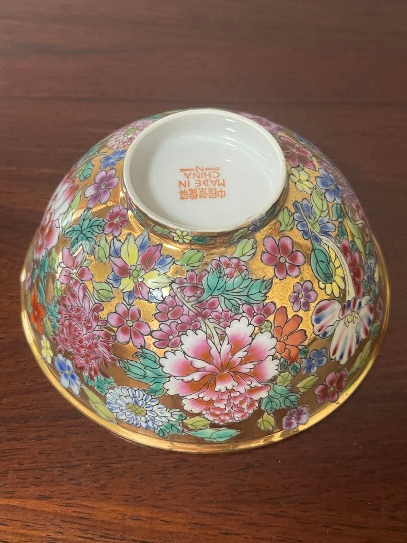 中国景德鎮60～70年代輸出品.金地百花牡丹柄お碗5個セット。希少美品。蔵品。