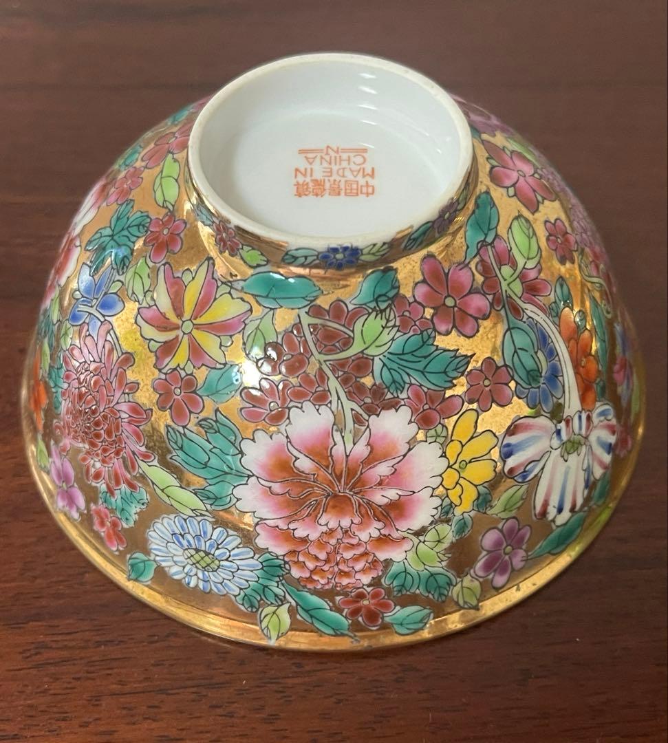 中国景德鎮60～70年代輸出品.金地百花牡丹柄お碗5個セット。希少美品。蔵品。