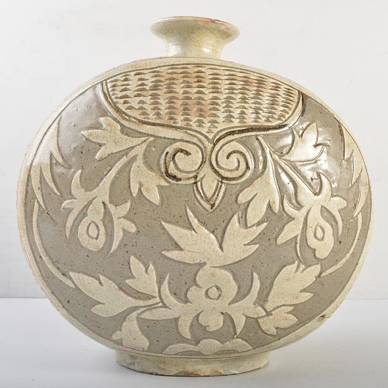 中国　磁州窯　白磁　掻落し　花文　扁壷　M　R7387F