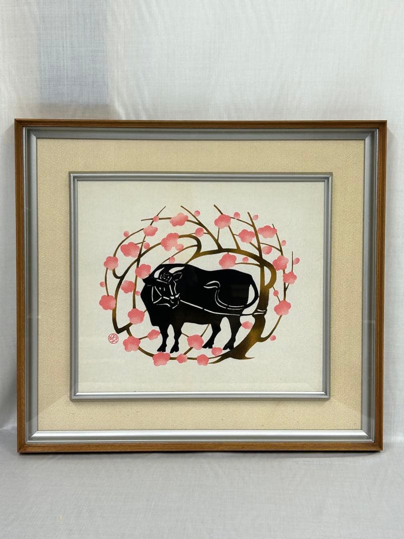 和風　牛の絵　桜の花　額　絵画　木製
