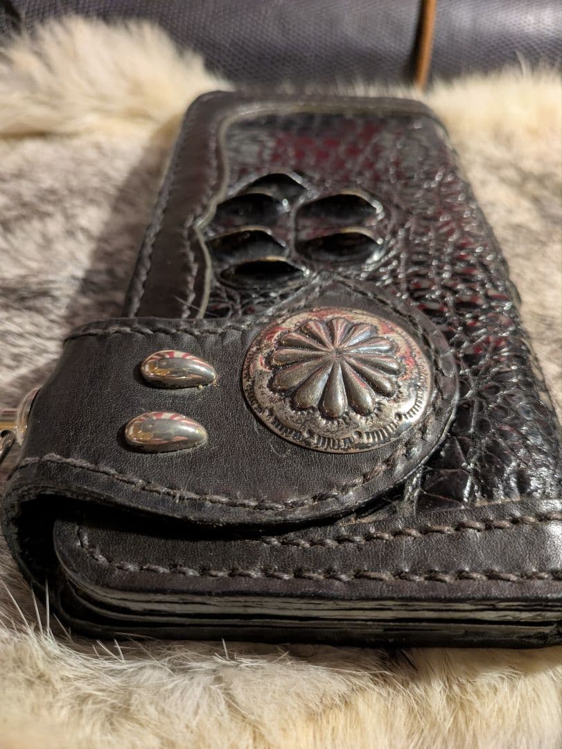 シルバーコンチョ 本革レザー長財布 クロコダイル 牛革 スタッズ