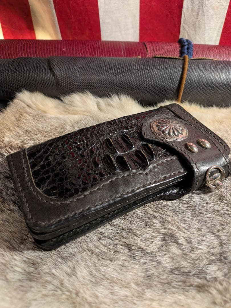 シルバーコンチョ 本革レザー長財布 クロコダイル 牛革 スタッズ