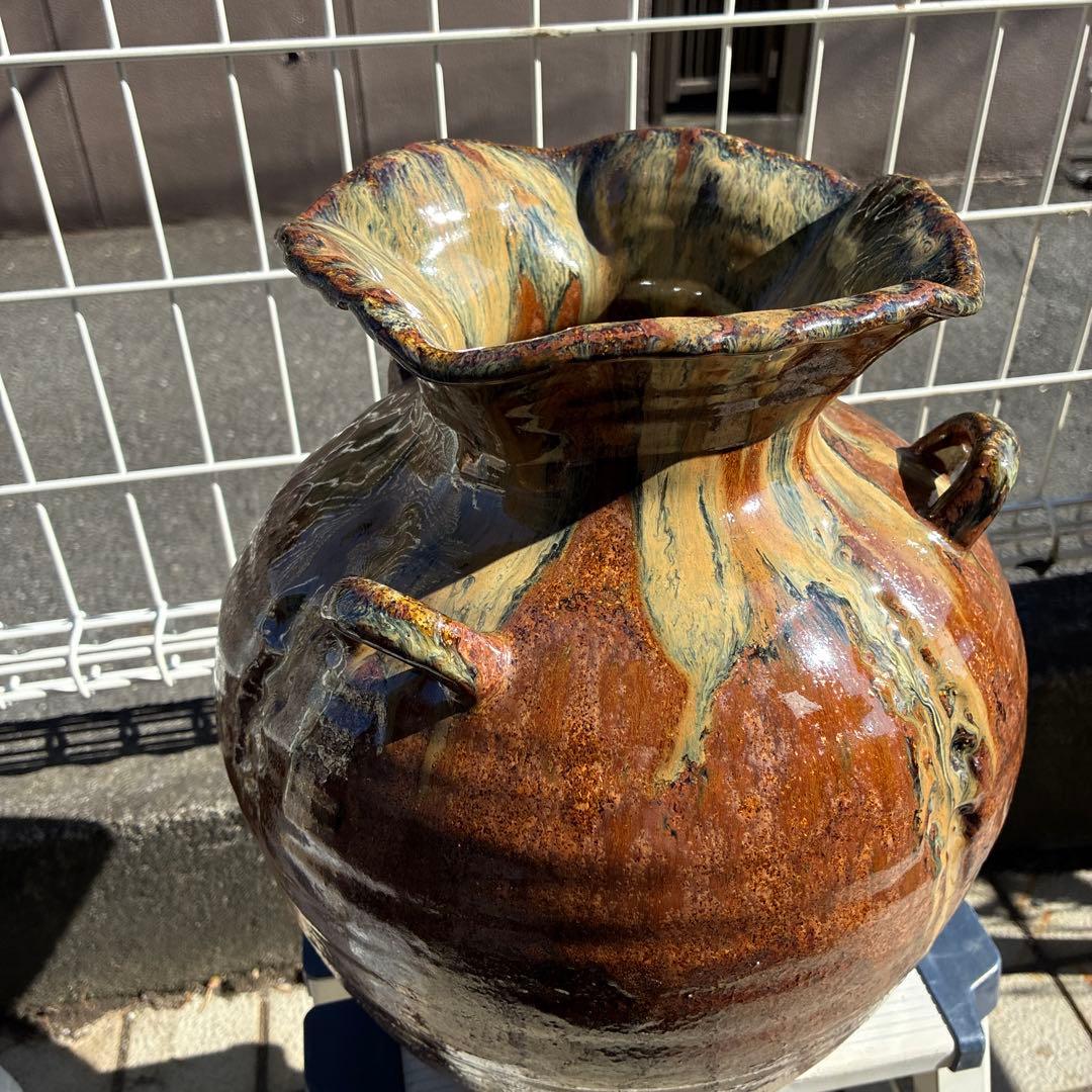 信楽焼、ビンテージ・明山・花瓶　3つ手、レトロ、お茶