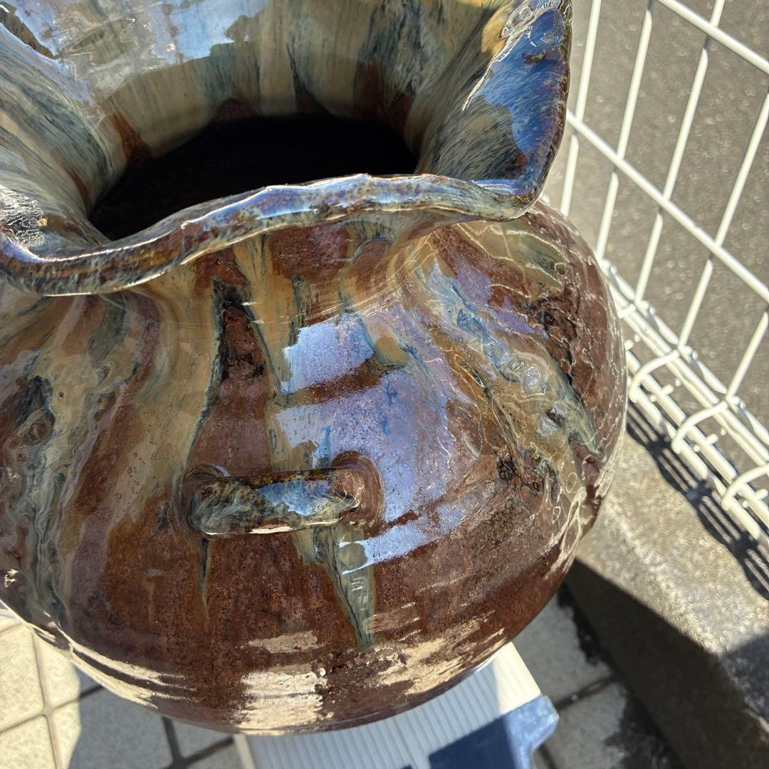 信楽焼、ビンテージ・明山・花瓶　3つ手、レトロ、お茶