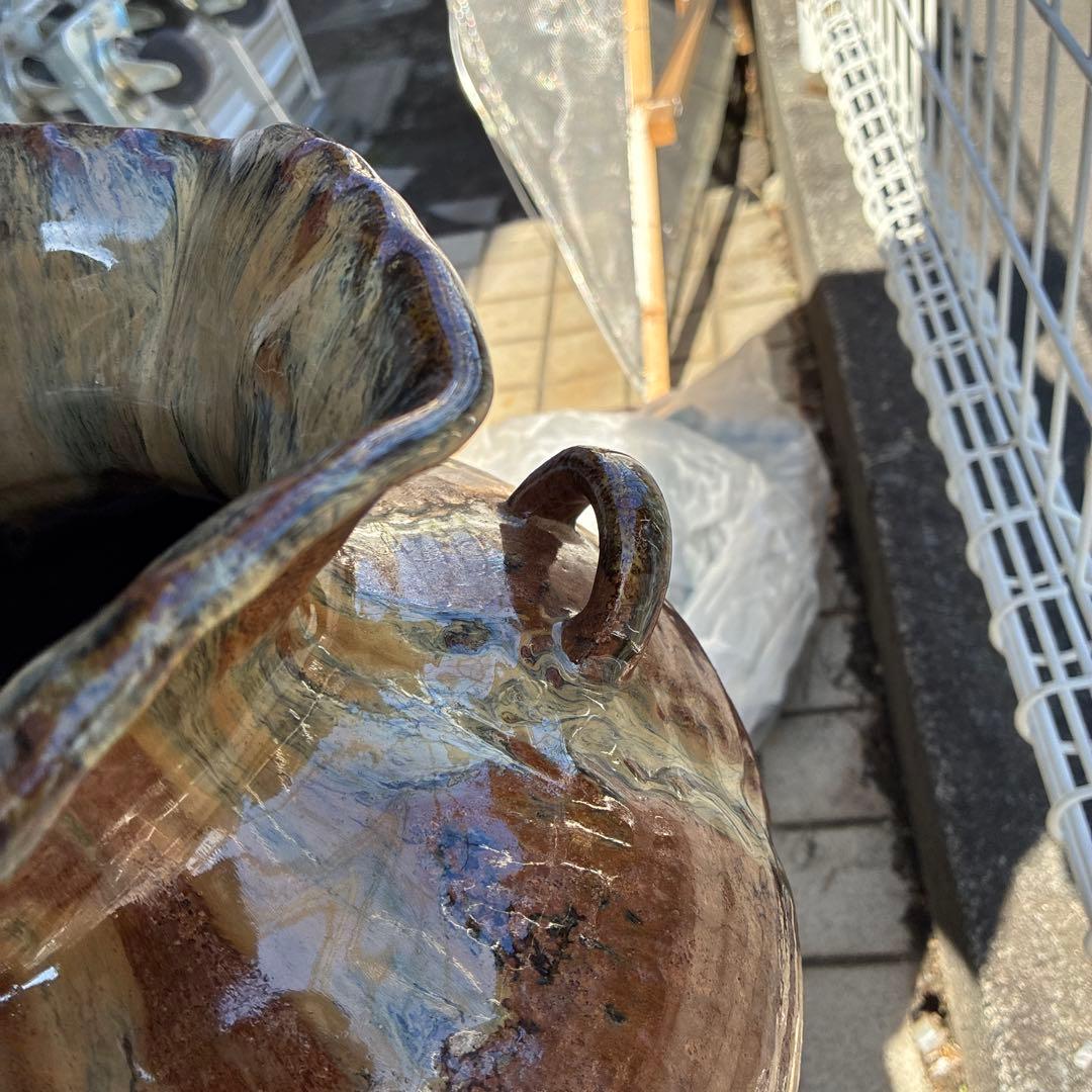 信楽焼、ビンテージ・明山・花瓶　3つ手、レトロ、お茶