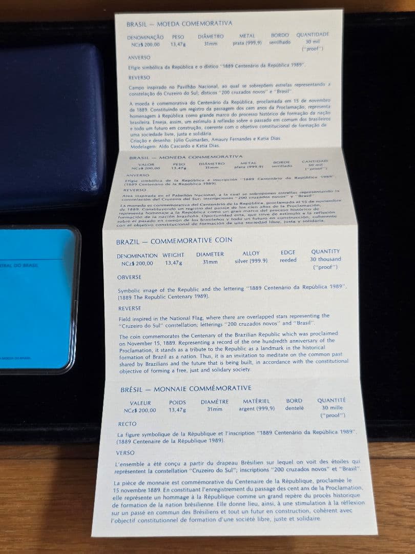 ブラジル共和国　共和国建国100周年記念　200クルザドスノボス銀貨　1989