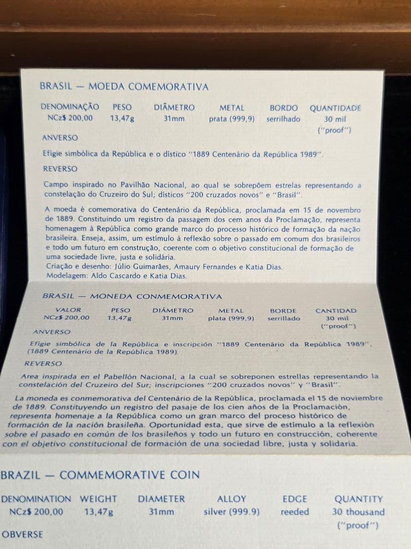 ブラジル共和国　共和国建国100周年記念　200クルザドスノボス銀貨　1989