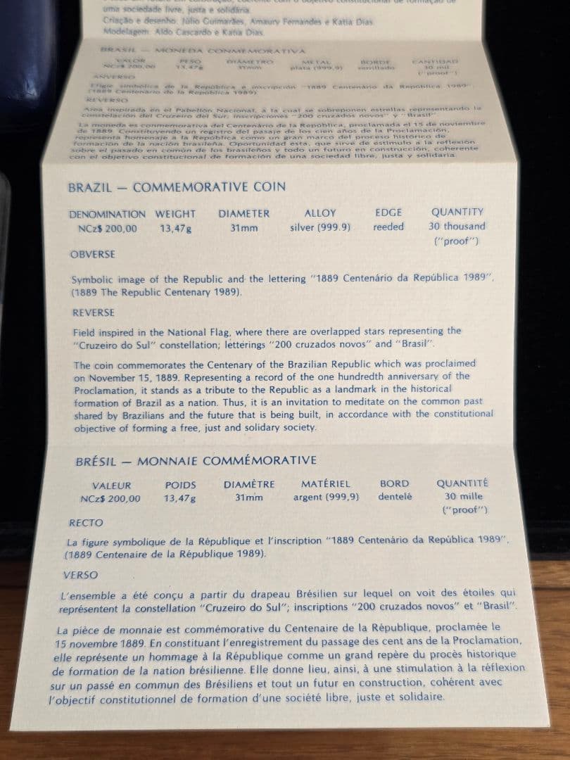 ブラジル共和国　共和国建国100周年記念　200クルザドスノボス銀貨　1989