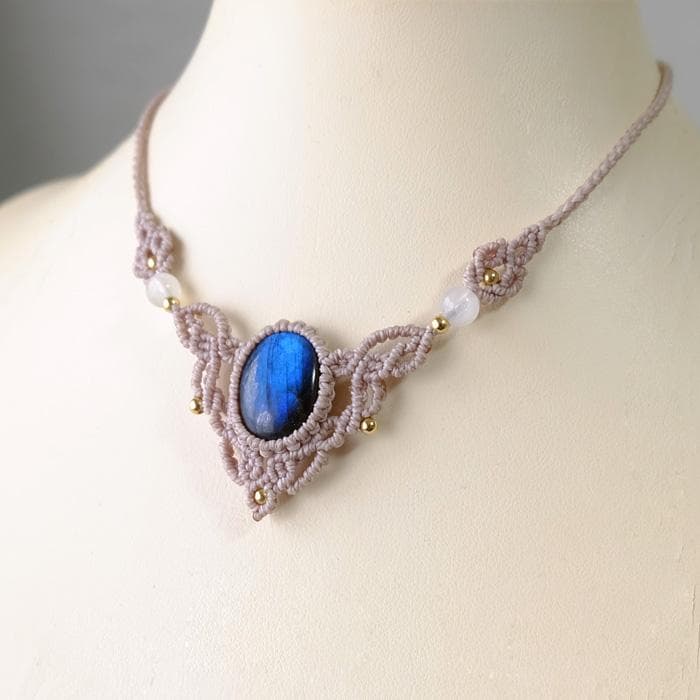 ラブラドライト・ムーンストーン マクラメ編みチョーカー ネックレス 3850