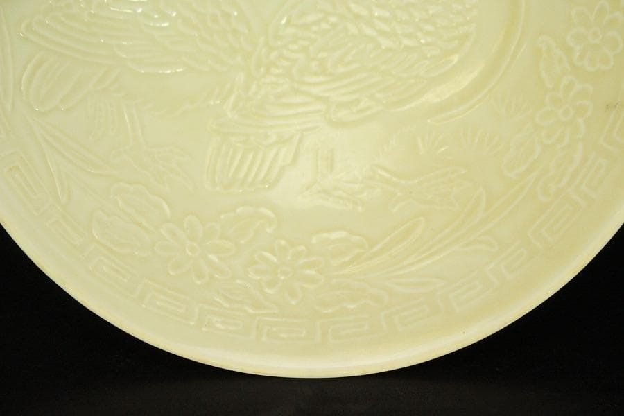 中国美術 白磁 草花鳥紋 碗 φ14.2cm(HA446)