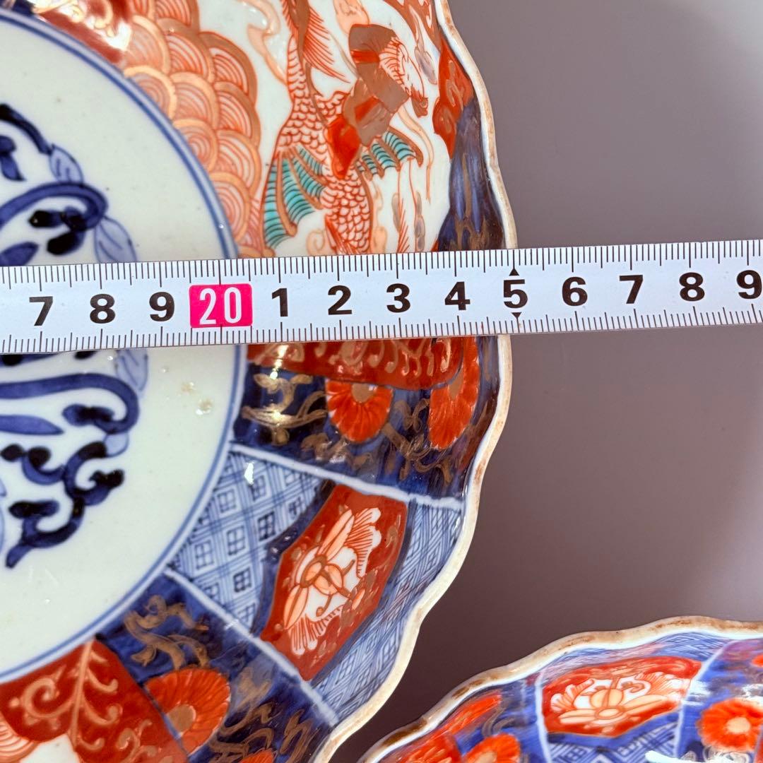 古伊万里　大聖寺伊万里　染錦三方龍仙人菊花型鉢　三ツ鉢揃い　黄仁覧図　特上品