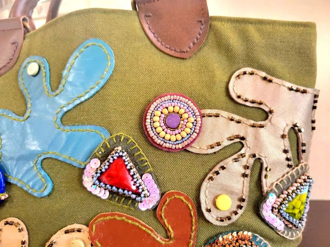 オリーブグリーン☆ハンドメイド★ビーズトートバッグ