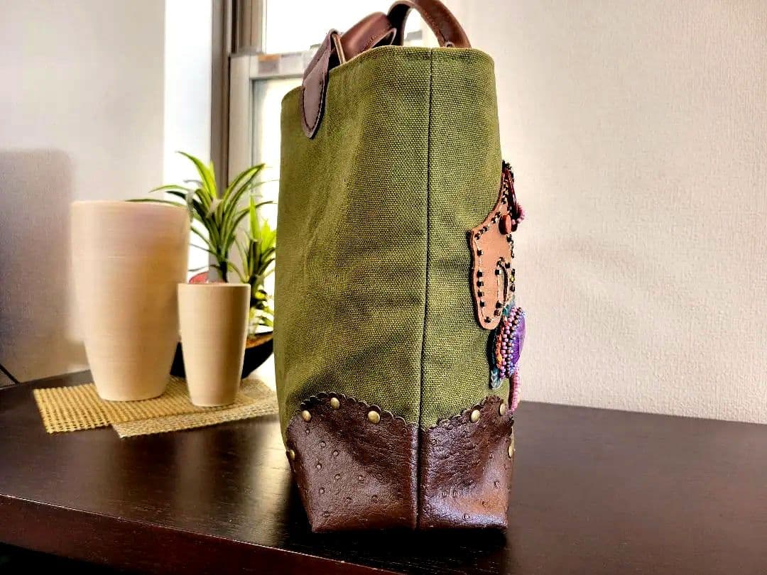 オリーブグリーン☆ハンドメイド★ビーズトートバッグ