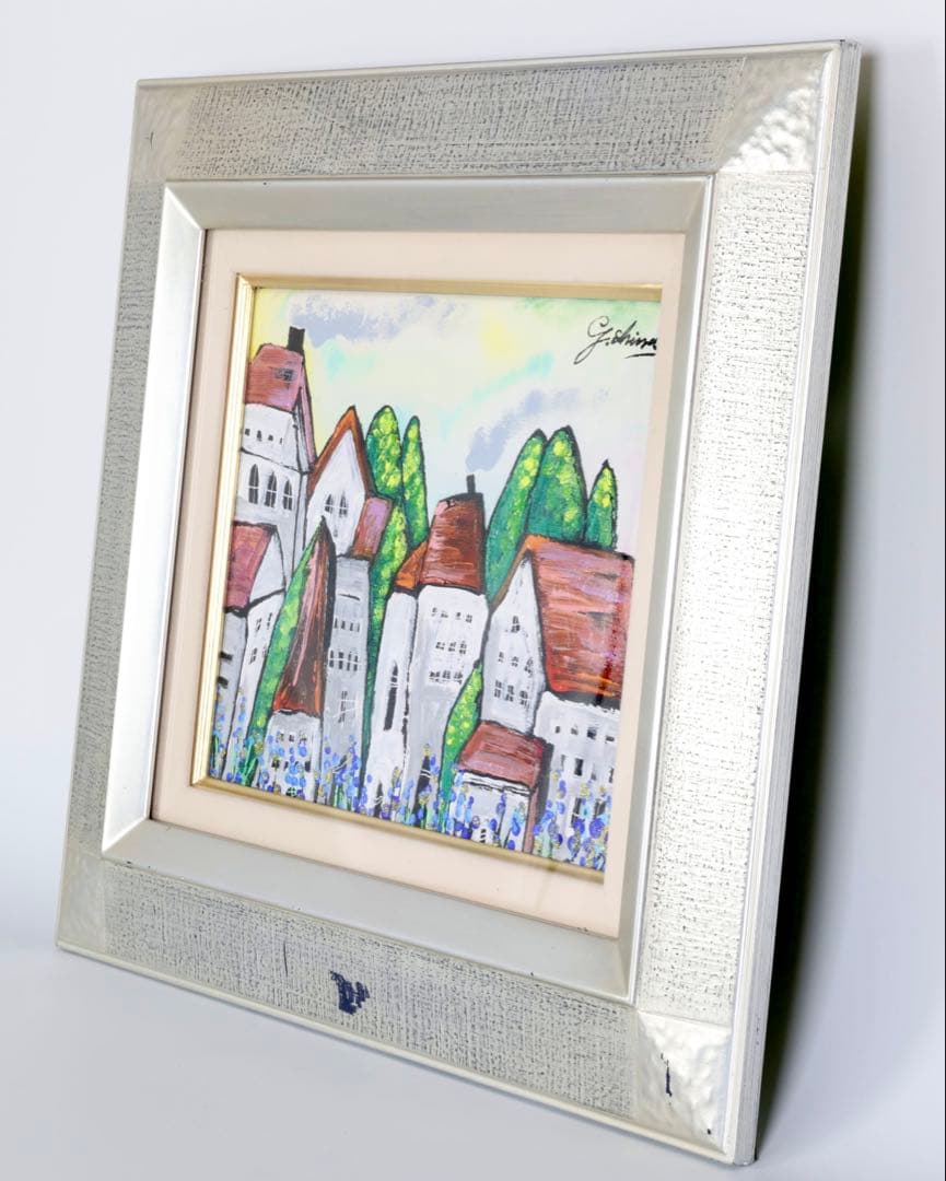 新藤淑子「静かな町」キャンバス作品 額装 絵画 風景画 サイン有 美術品 アート