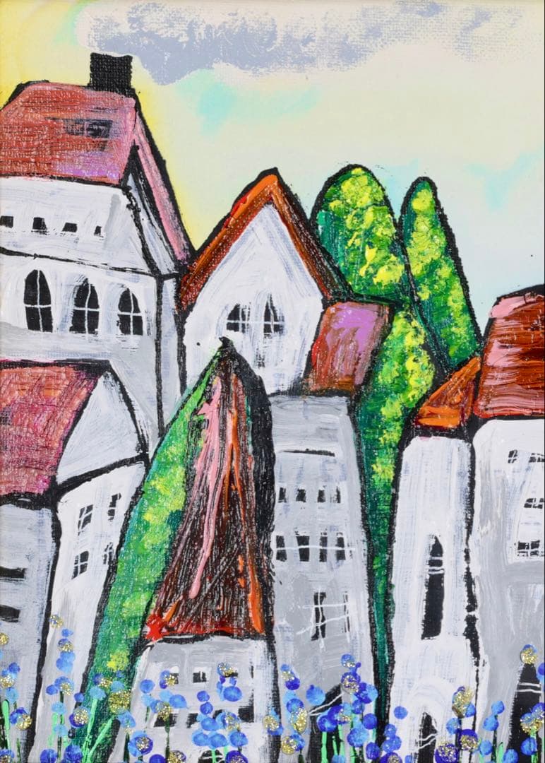 新藤淑子「静かな町」キャンバス作品 額装 絵画 風景画 サイン有 美術品 アート