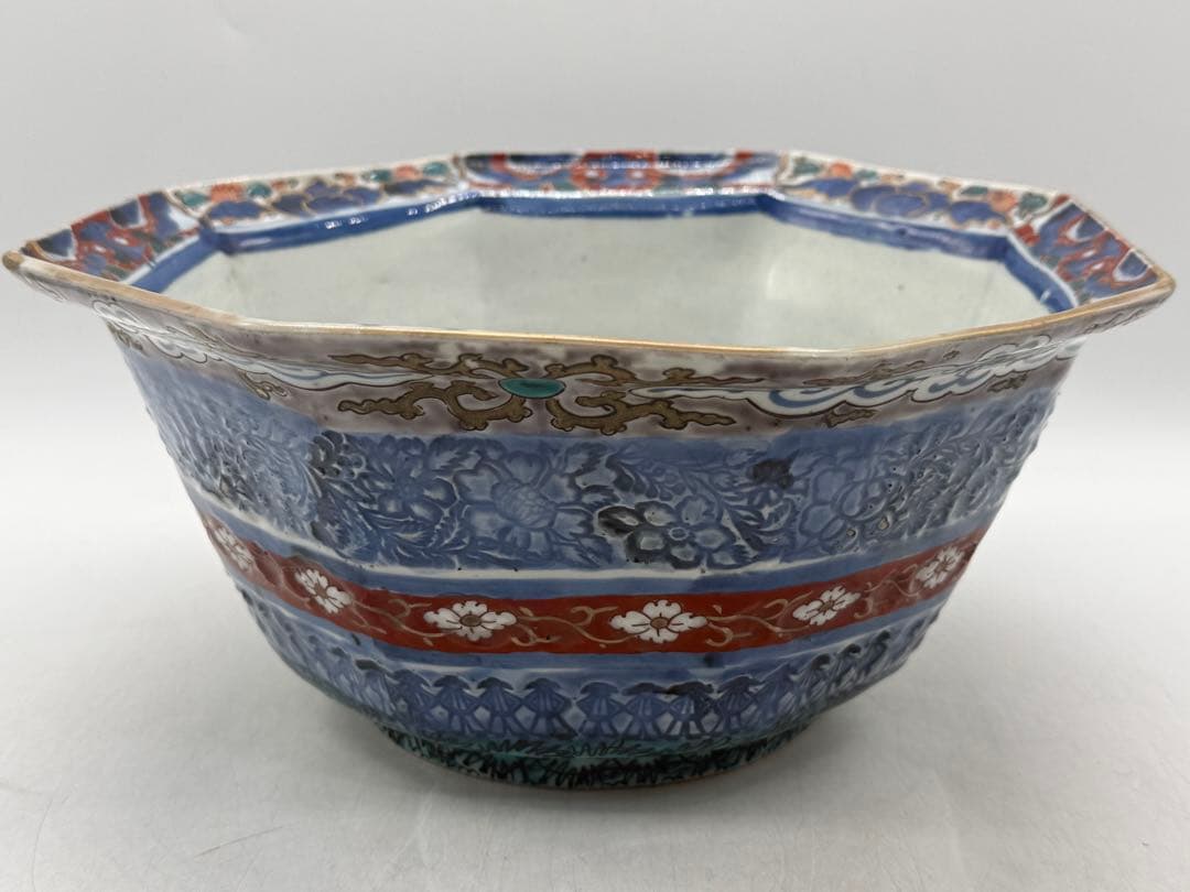大聖寺伊万里　色絵　八角大鉢　アンティーク　送料込み260225
