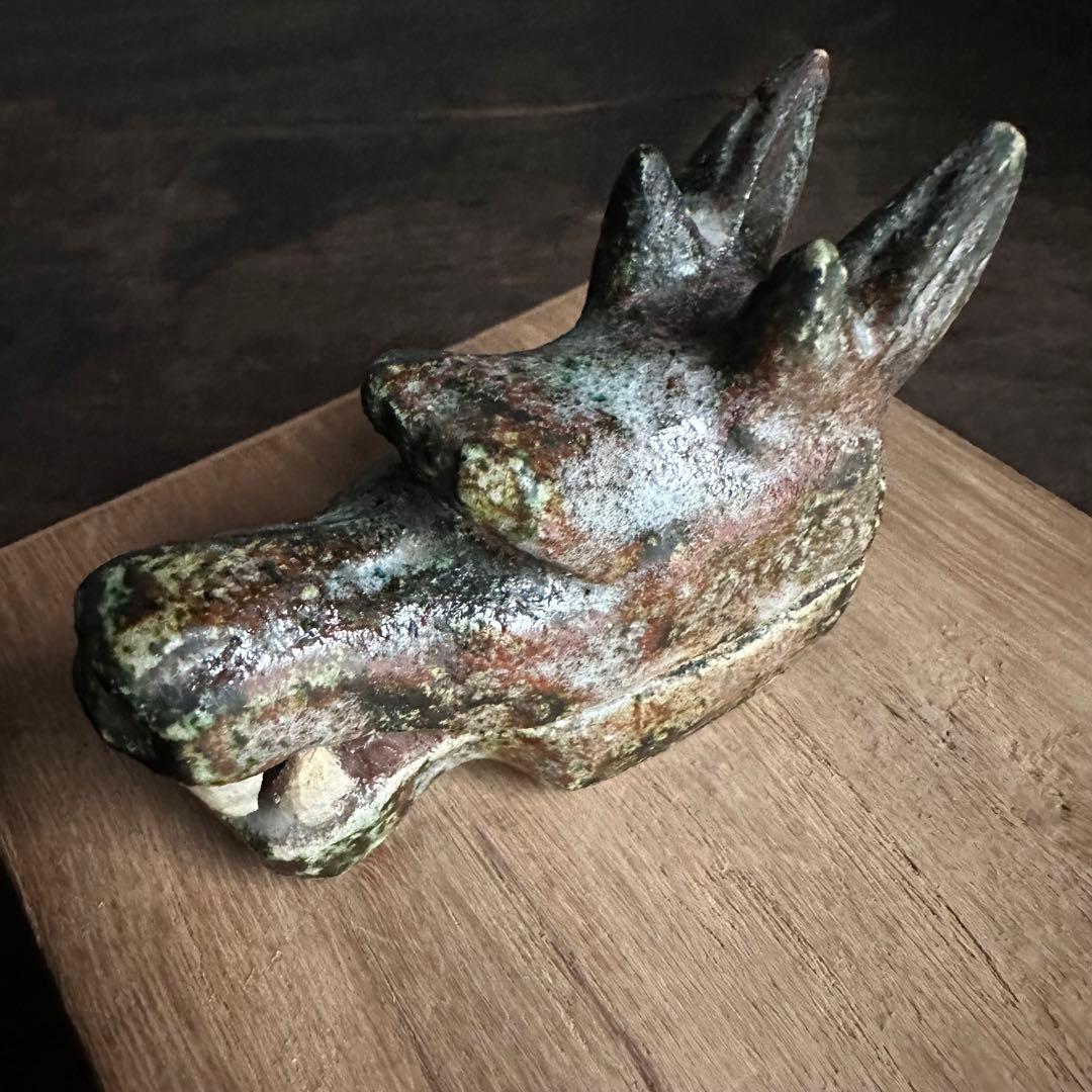 【珍品】美濃焼 織部焼 香道具 龍の頭型香合  龍頭香合 陶印あり 骨董