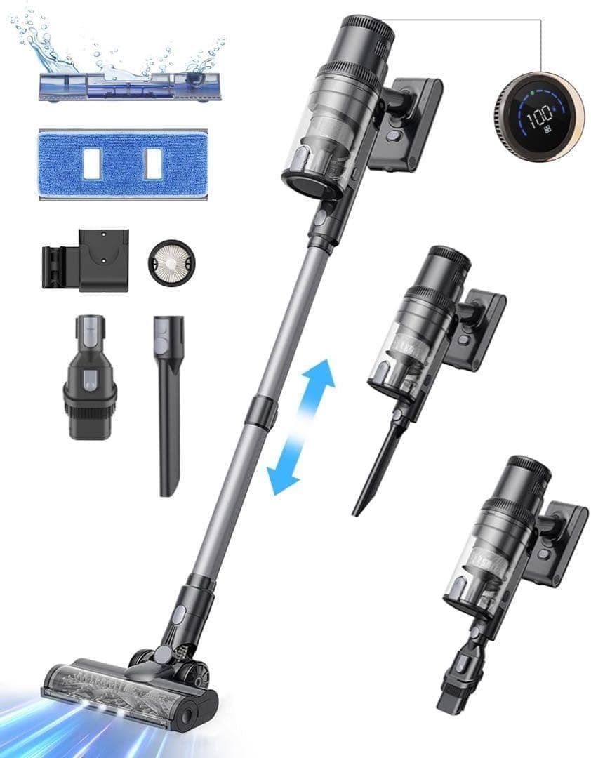 強力吸引‼️コードレス掃除機 35000Pa 水拭き一体型 サイクロン 伸縮型