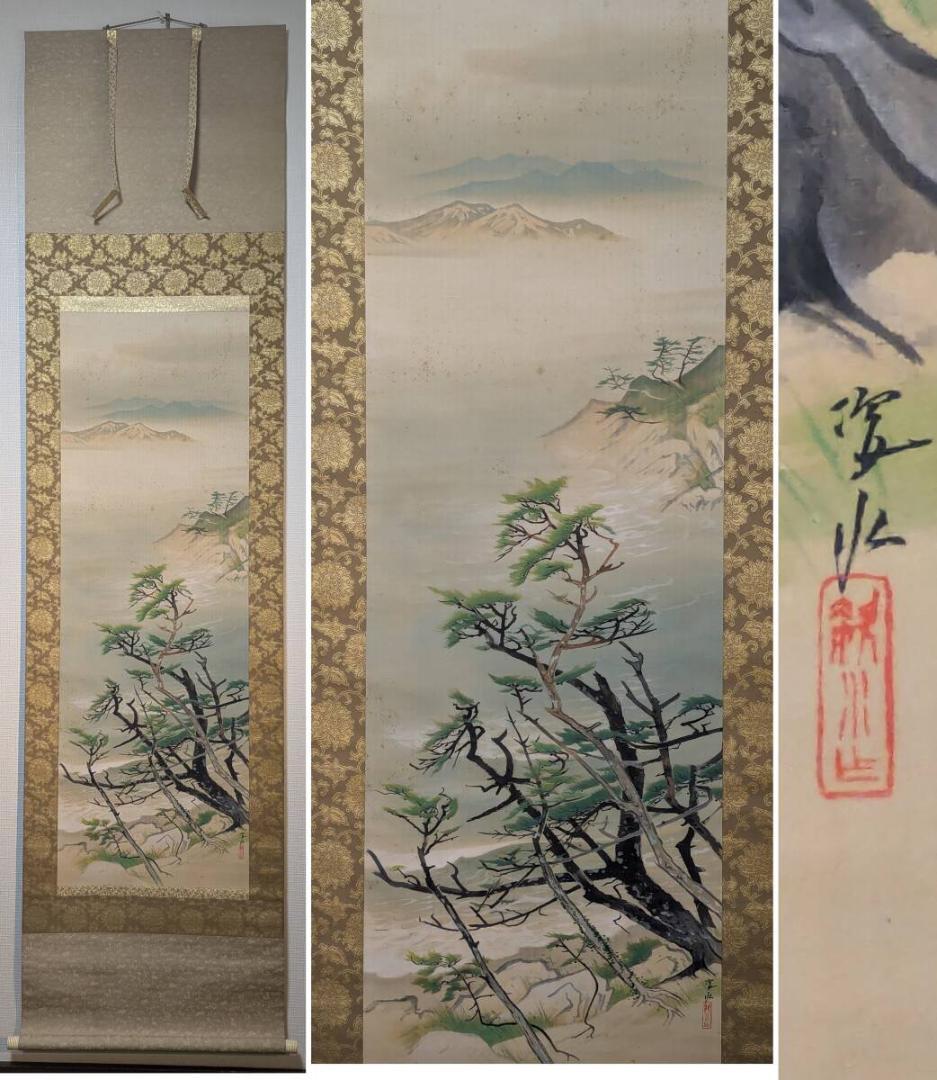 【真作】掛軸　松本姿水　絶景の松林図　風雪に耐える雄々しき松　合箱入