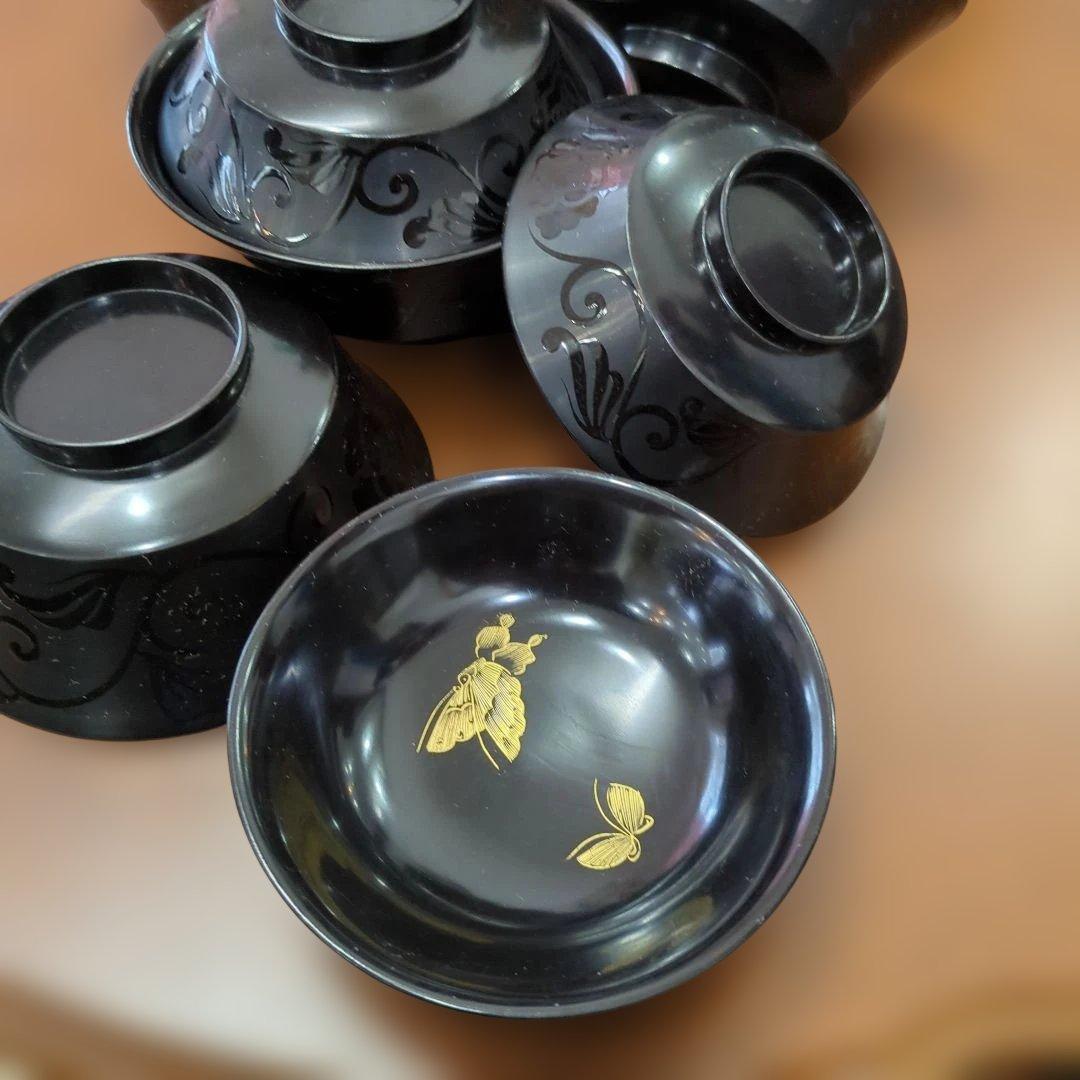 骨董　蓋付椀　木製　漆器　沈金蒔絵　蝶々　花　漆絵　5つ〜