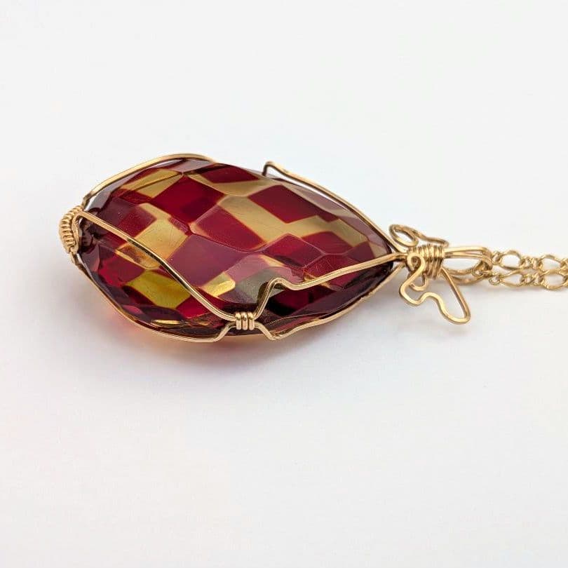【希少】 K14gf 赤琥珀 ネックレス アンバー 雫 37×27mm モザイク